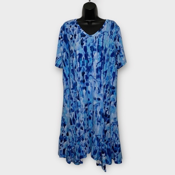 LOGO by Lori Goldstein Blue Watercolor Short Sleeve V-Neck Dress Sz Large Petite - Picture 1 of 8